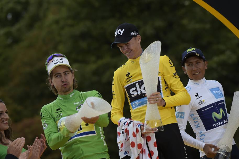 Nel 2015 la quarta maglia della classifica a punti al Tour de France, per la seconda volta sul palco di Parigi insieme a Chris Froome. Afp